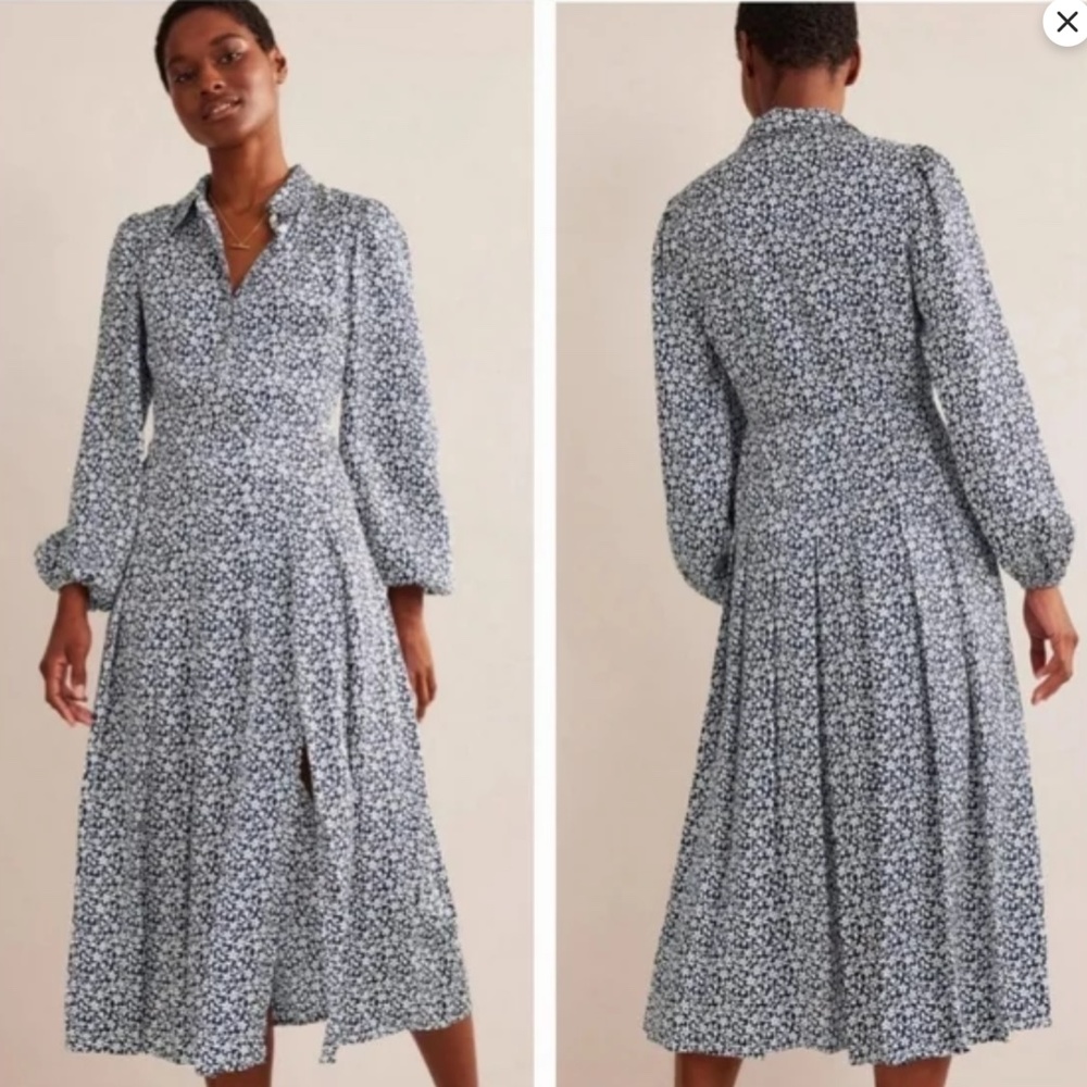 Boden long sleeve navy and white floral patterned dress